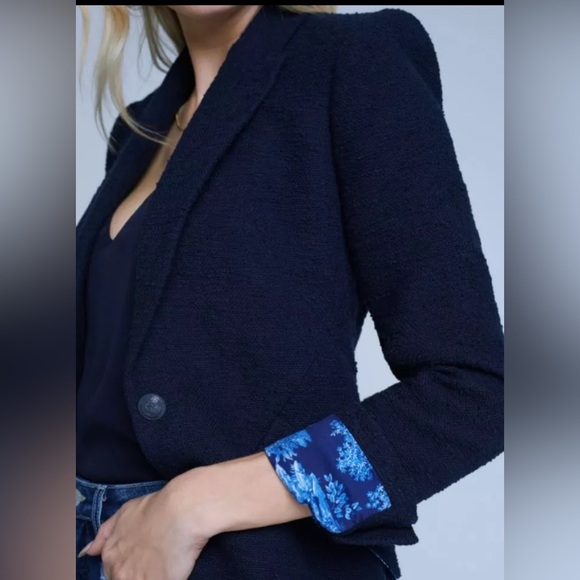 L'AGENCE Chamberlain Boucle Tweed Blazer Jacket Navy Blue Size 14 - Picture 2 of 11